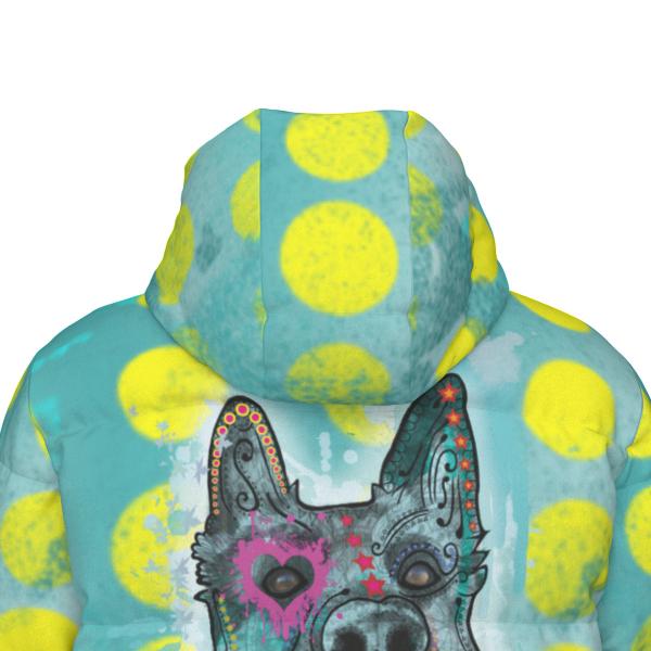 Warme Wintermantel mit Hundemotiv Eddy – Popart Hundemotiv, 90% Daunen, 10% Federn, bunt, stylisch, Schäferhund, Deutscher Schäferhund, German Shepherd, Mix, SOKA, Listenhund, Größe XS- 4XL - Kopie